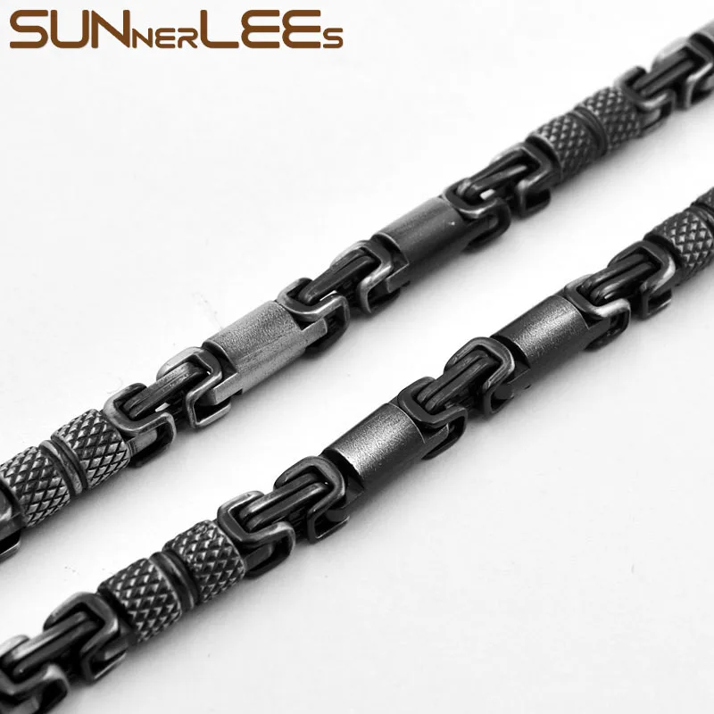 SUNNERLEES 316L Stainless Steel Necklace 6mm Geometric Byzantine Link Chain Retro Black Color Men Women Gift SC42 N