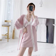 Fiklyc Хлопчатобумажная Пижама женская осенняя и зимняя Сексуальная кружевная накидка на бретельках с нагрудной накладкой из двух частей с длинными рукавами для домашнего обслуживания