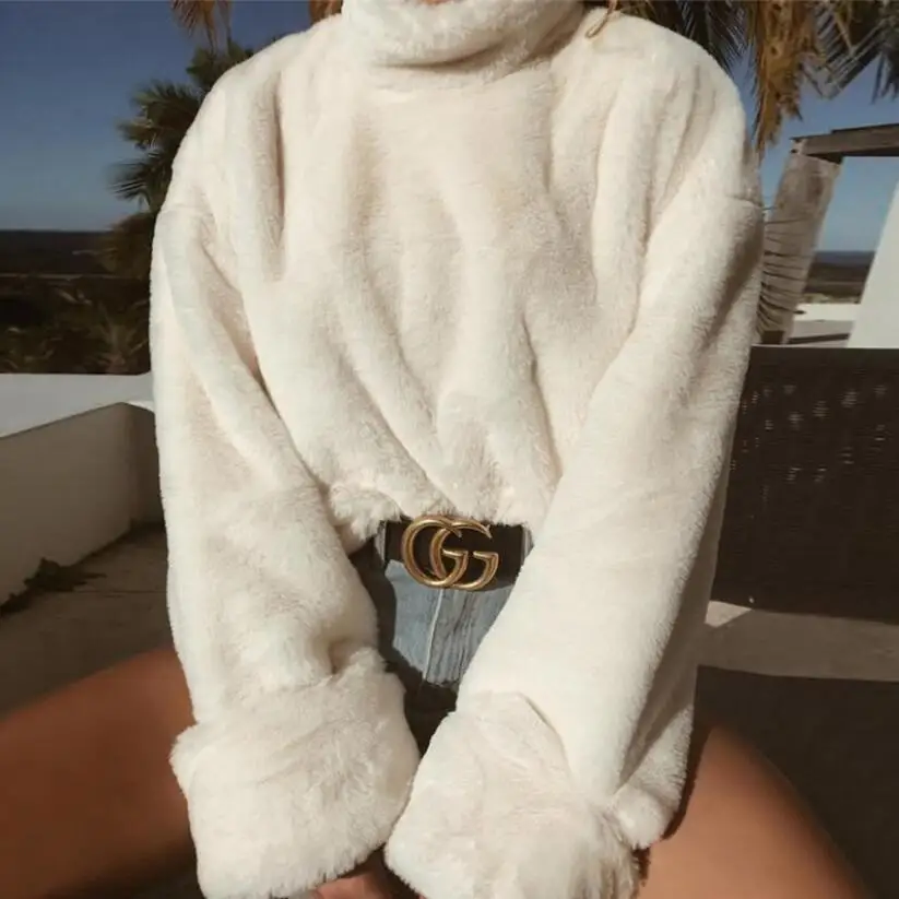 Women Fluffy Faux Fur Turtleneck 
