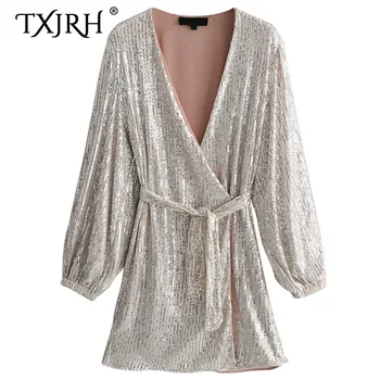 

TXJRH 2019 Stylish Silver Sequins Wrap Lacing up Waist Split Slim Fit Fashion Women Long Sleeve Tea Dress Bow Tied Vestido Party