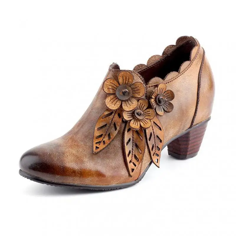Women Pumps Shoes Genuine Leather Pumps Women Shoes Autumn Zip Retro Casual Round Toe Flower Handmade