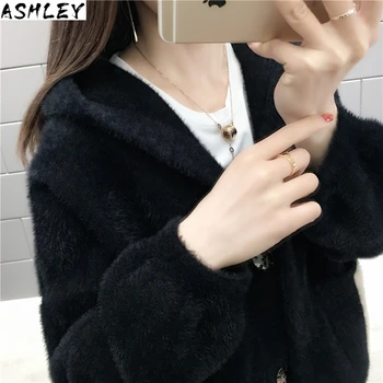 

Knitted Hooded Classical Pure Genuine Mink Cashmere Sweater Coat Natural Soft Winter Autumn Cardigans with hood tbsr337