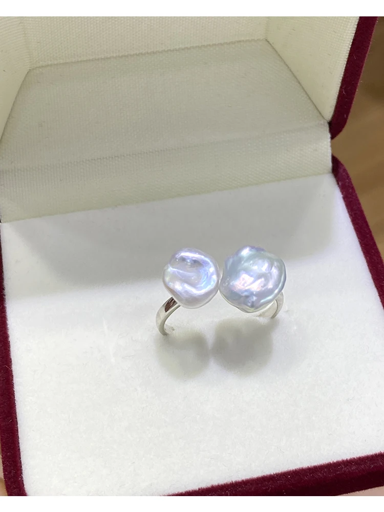 2021 Summer Female Pearl Ring Baroque Pearl Open Ring Adjustable Ring Setting Double Bead Ring Simple Female Ring Woman's Jewelr