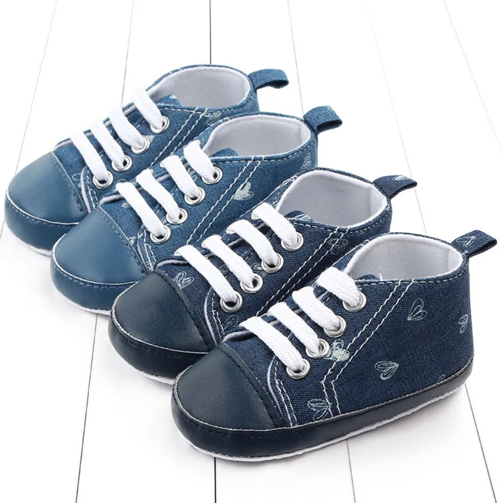 

Toddler Infant Girls Boys Denim Shoe First Walkers Baby Shoes Lace Up Hearts Pattern Crib Shoes Toddlers Soft Sole Leather Shoes
