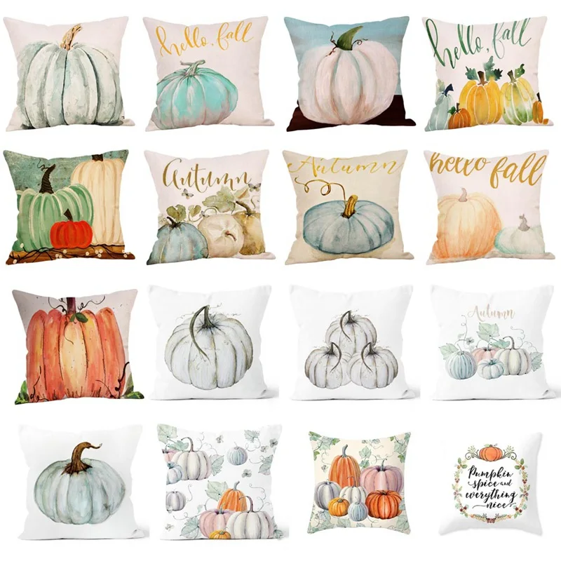 

Halloween Thanksgiving Pumpkin Decorative Cushion Cover Letter Yellow Watercolor Hand-painted Printed Couch Throw Pillows Cases