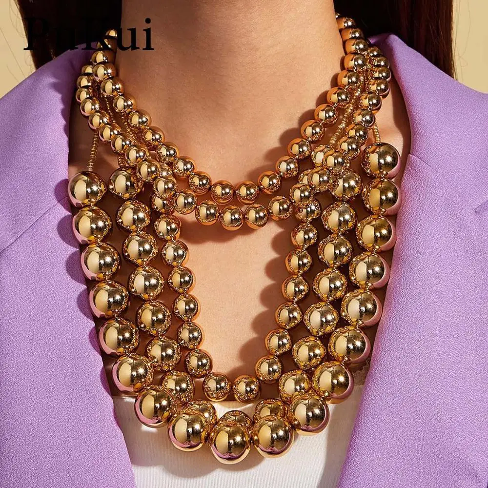 

PuRui 5Pcs/Set Multi Layer Punk Exaggerated Round Beaded Choker Necklace Collar for Women Curb Cuban Pendant Necklaces Jewelry