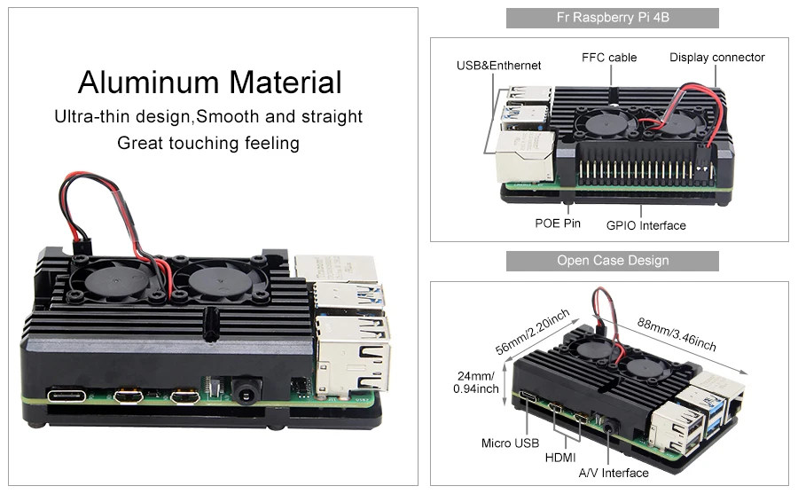 Raspberry Pi 4 B чехол с двойным вентилятором, бронированный пассивный корпус для охлаждения из алюминиевого сплава, совместимый только с Raspberry Pi 4