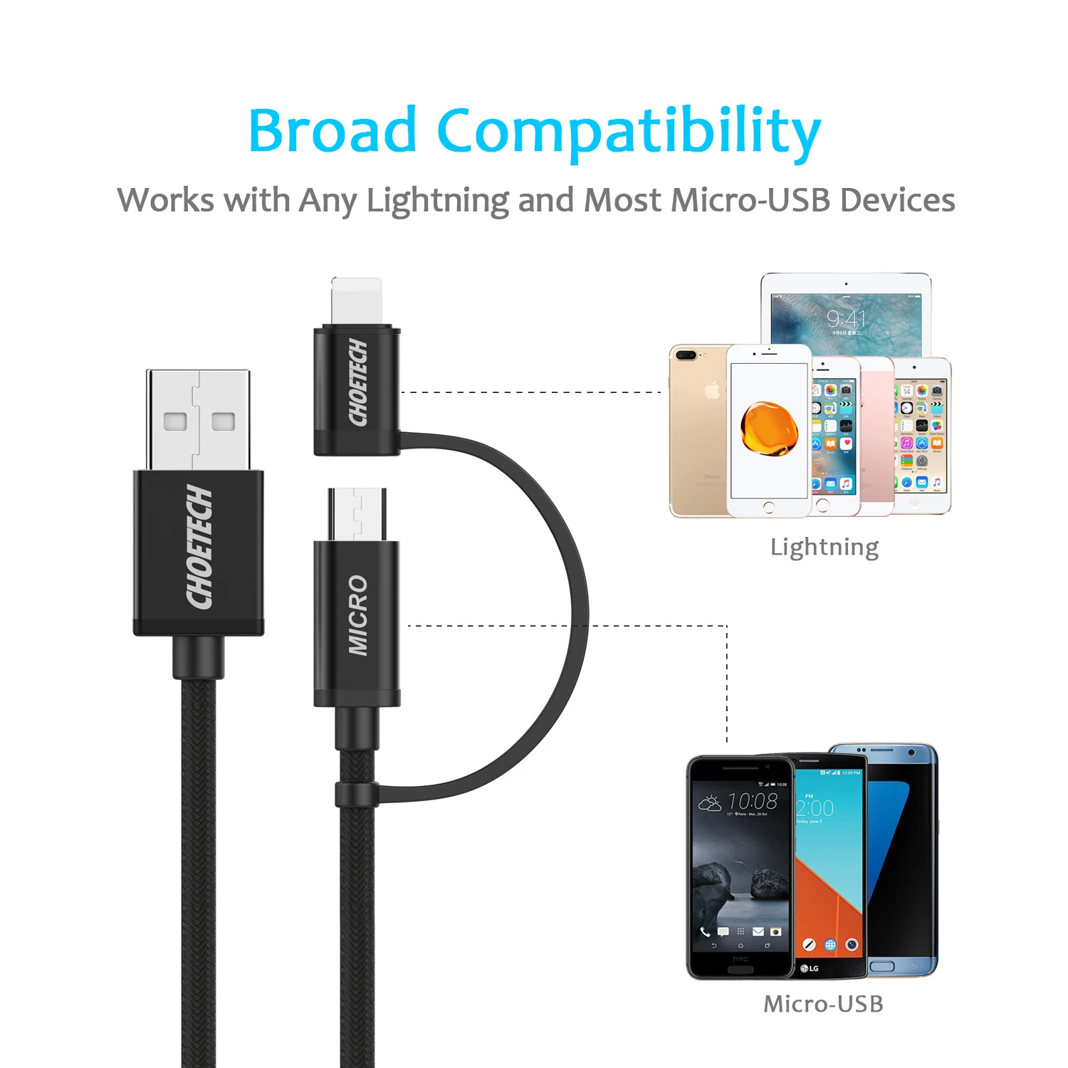 CHOETECH USB 2.4A type-C кабель для samsung Galaxy S10 S9 2 в 1 кабель для быстрой зарядки для iPhone 11 pro X 8 7 Plus кабель для IPad шнур