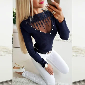 

VICABO Mesh Sexy Women Pullover Round Collar Long Sleeve Skinny Knitted Top Sweater Pearl Buttons See Through Club Pulloves