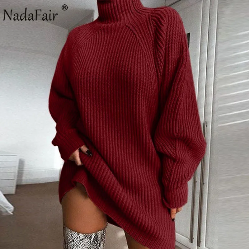 Nadafair Вязаный Водолазка зимнее платье с длинным рукавом Свободные мини одноцветное повседневное теплый свитер платья для женщин - Цвет: Burgundy