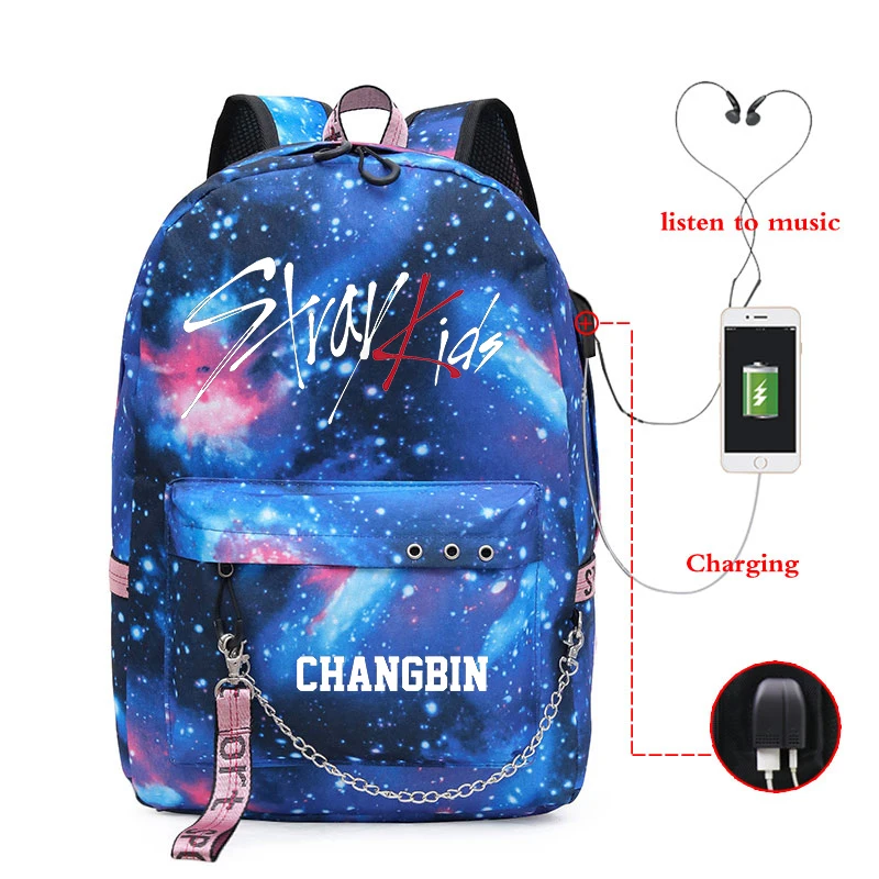 

2019 New Stray Kids Print Mochilas Bags Girls USB Charger Backpack School Bags College Bookbag Students Laptop Travel Rucksack