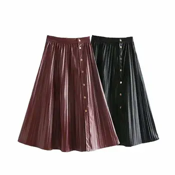 

Women Faux Leather Pleated Skirt Fashion Loose A-line Skirts Female 2019 Autumn Winter Elegant Office Lady Midi Skirt Sale Items