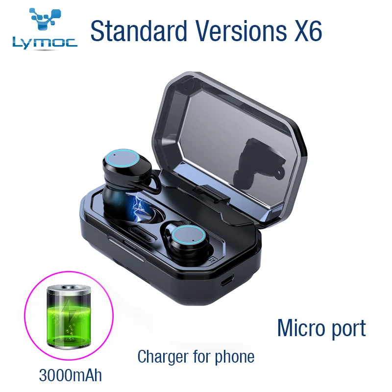 LYMOC 6D bluetooth наушники 5,0 беспроводные наушники светодиодный дисплей батареи CVC8.0 HiFi сенсорные гарнитуры 3300 мАч Зарядка для iPhone Android - Цвет: X6 black