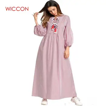 

WICCON Tassel Embroidery Maxi Long Dress 2020 New Fashion Spring Autumn Casual A Line Striped Dress Vestidos Loose Women Dress