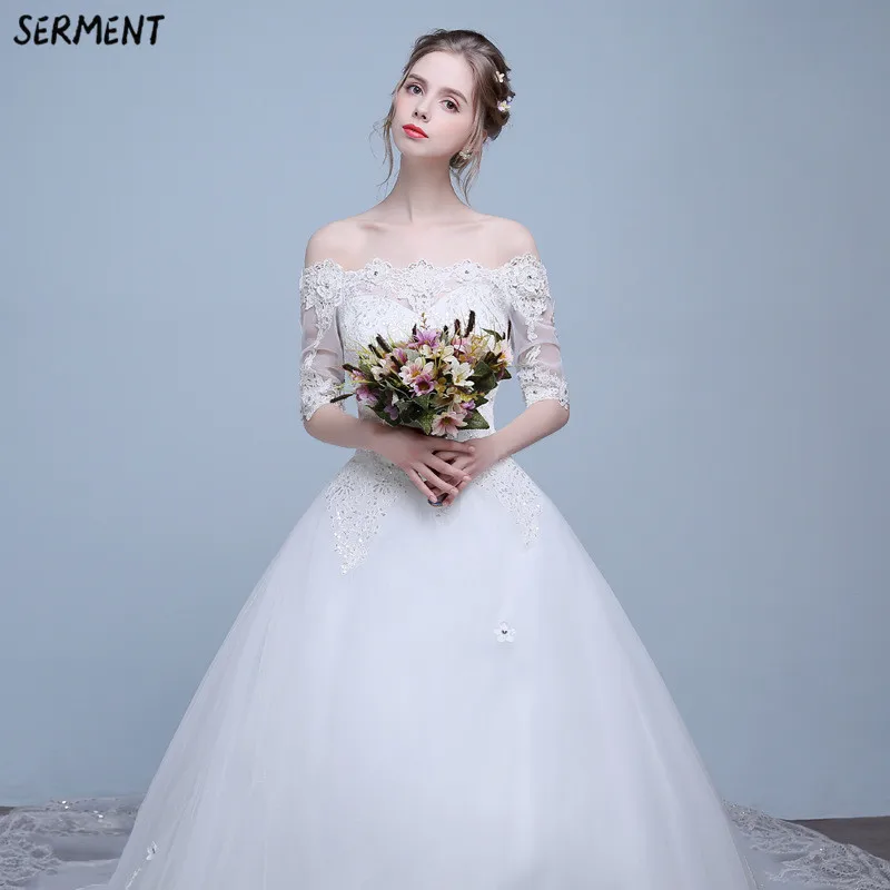 

SERMENT 2019 New French Bride Word Shoulder Wedding Princess Dream Thin Slim Long Tail Hepburn Star Spring