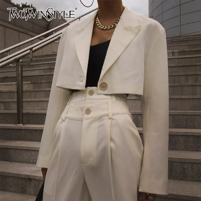 

TWOTWINSTYLE White Blazer Coat Women Long Sleeve Crop Tops Blazers Female Fashion Clothes 2019 Autumn New