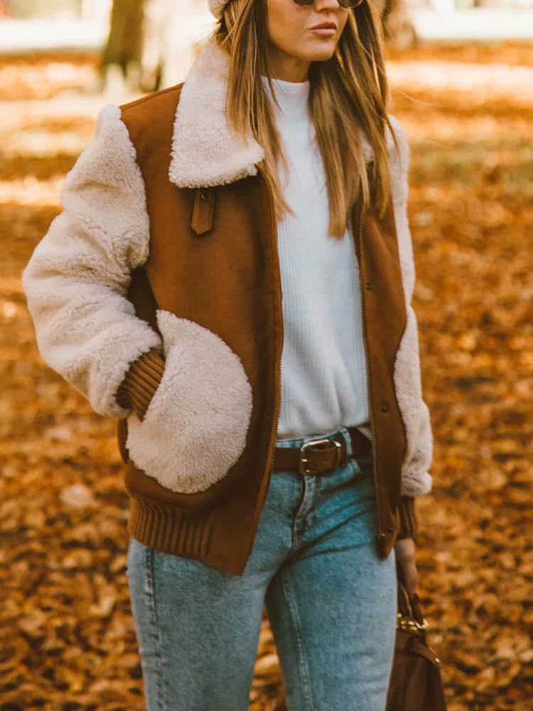 

Jacket Stitching Lapel Fur Handsome Loose Warm Temperament Elegant Office Ladies High Quality Street Coat Autumn Winter Fashion