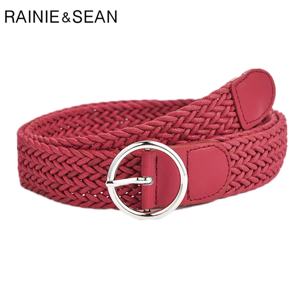 RAINIE SEAN Knitted Women Belt Vintage Ladies Belt for Trousers Solid Female Red Camel Coffee Gray Navy Strap Belt 105cm