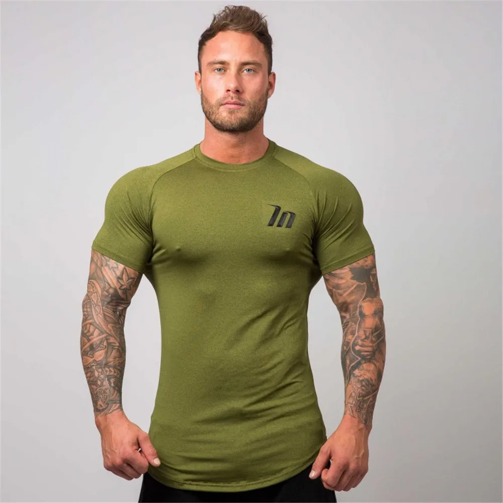 Compression T-shirt Running Sport Mens Gym Fitness Superelastic Quick dry Skinny t shirt Summer Male Jogging Training Tees Tops - Цвет: Army green