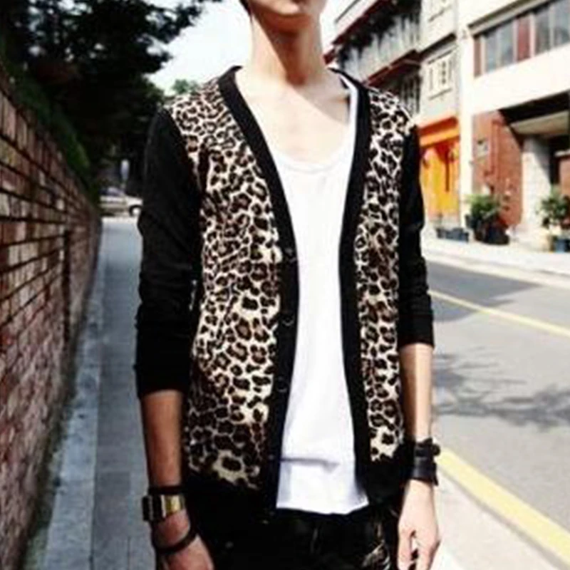 European and American sportsmen take a leopard print long-sleeved t-shirt cardigan undershirt large size men's costume DS night | Мужская