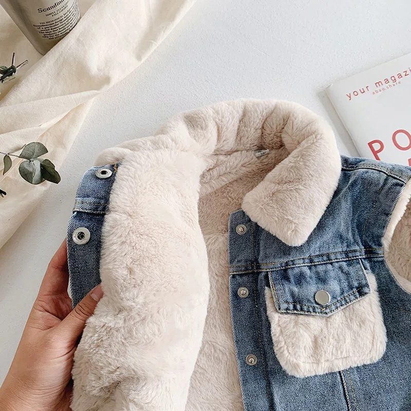 Джинсовый жилет Babyinstar Boutique одежда для маленьких девочек зимний меховой теплый