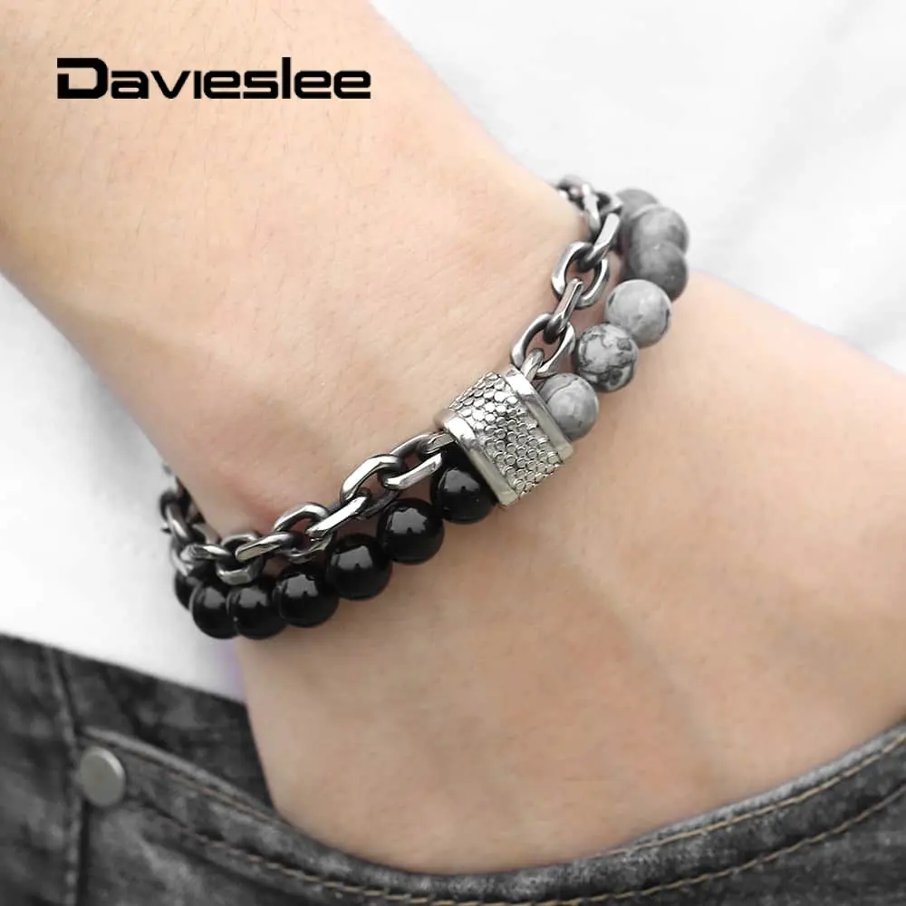 

Davieslee Stainless Steel Bracelets for Men Double Layers Natural Stone Beads Link Chain Mens Bracelets Fashion LTBX001