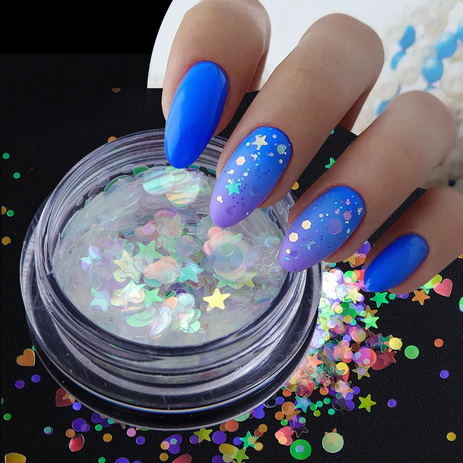 Nail Powder Nail Glitter Nail Decoration Nail Decorations Nail Flakes Nail Powder Set Holographic Mermaid Aurora Sequins for Nails Glitter Flakes Star Heart AB Spangles for Gel Paillette Manicure Decor