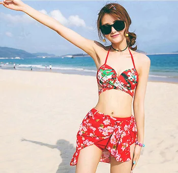 

Pelargonium Hot Spring Swimming Clothes Women's Three-piece Conservative Swimming Suit Belly Covered Blouse Small Chest Gatherin