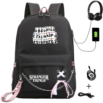 

Stranger Things USB Backpack For Women Large Capacity School Bags with Crossed Ribbon For Teenagers Travel Laptop Mochilas
