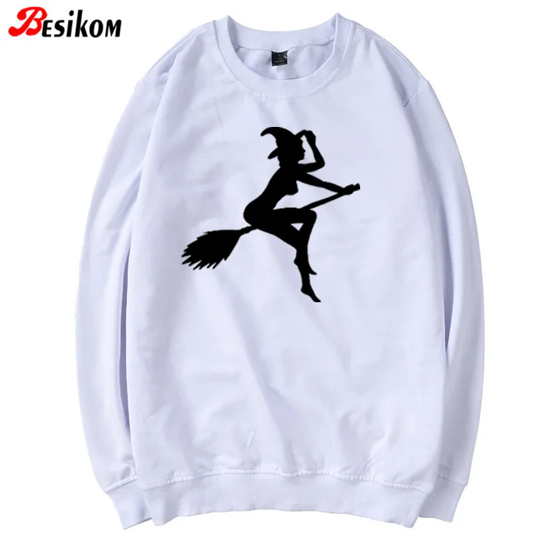 

Witch on The Broom Graphic Women Hoodies Long Sleeve O-neck Funny Autumn Clothes Streetwear White Winter Sweatshirt Women
