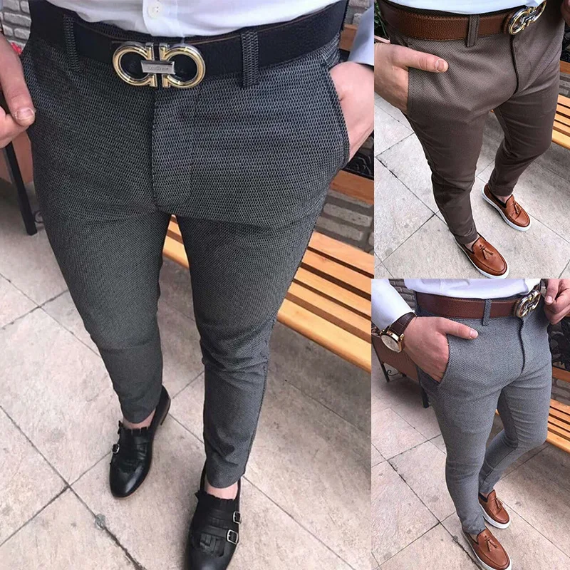 Горячая мода мужские облегающие деловые формальные брюки хлопок средняя посадка низ размера плюс повседневные офисные обтягивающие прямые одноцветные брюки