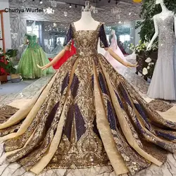 LSS125 блестящие королевские вечерние платья с длинным золотым кружевным квадратным воротником с коротким рукавом с открытой спиной