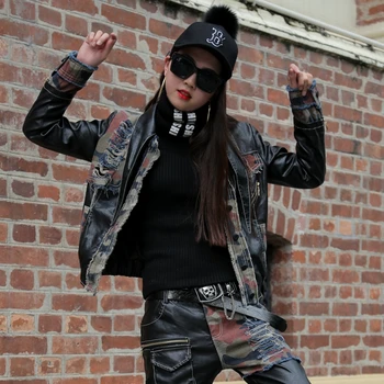 

Unique PU Leather Jackets Fashion 2020 Spring Ladies Punk Holes Camouflage Patchwork Coats Vintage Female Clothes Slim LT569S30