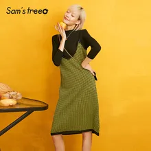 SAM'S TREE, клетчатое женское платье-комбинация, зима, черный однотонный сатиновый вязаный пуловер, комплект из двух предметов, Офисная Женская одежда