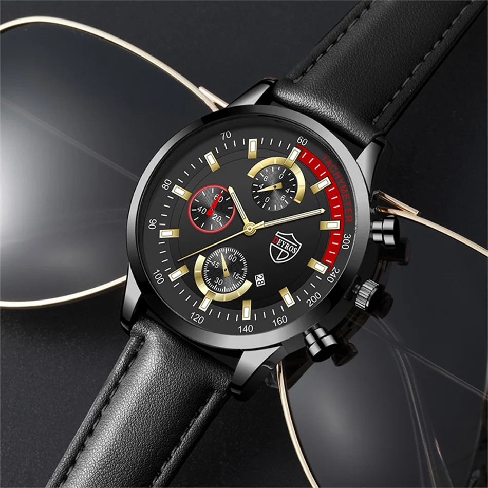Luxury Mens Leather Watches Stainless Steel Fashion Calendar Quartz Wrist Watch Leather Bracelet Male Business Luminous Clock