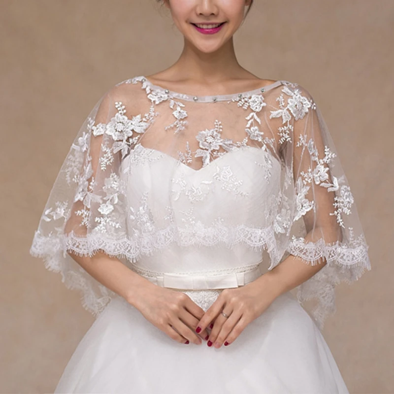 

Womens Embroidery Floral Lace Wedding Shawl Cape Eyelash Trim High Low Tulle Bridal Capelet Bolero Rhinestone Shrug Wrap