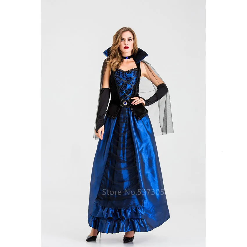 Halloween Scary Cosplay Costume for Women Carnival Party Medieval Fancy Gothic Vampire Witch Lace Ruffle Standing Collar Dress
