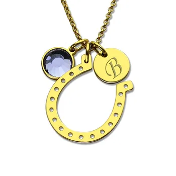 

Initial Horseshoe Necklace Gold Color Birthstone Horseshoe Charm with Engraved Initial Disc Lucky Charm for Girls