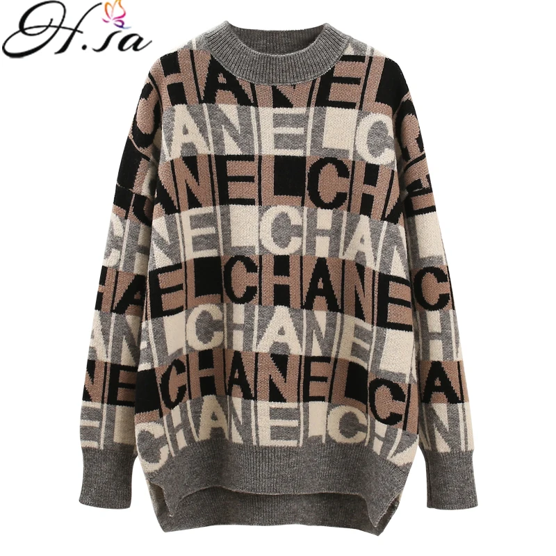 H.SA 2019 Autumn Winter Women Pullovers Sweater Oversize Knitting Jumpers Loose Elegant Casual Minimalist Tops Letters Pullover | Женская