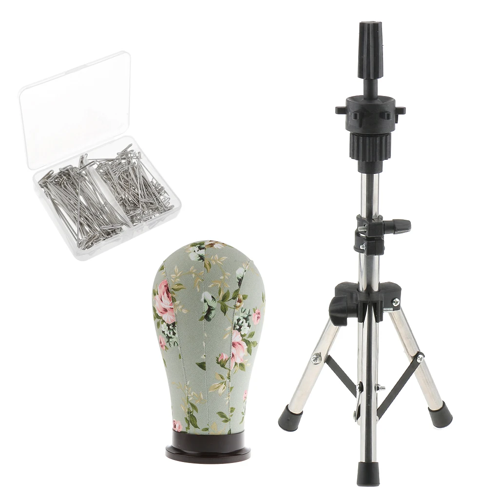 22' Mannequin Model Cork Canvas Block Head & Tripod Manikin Holder Stand with 150pcs 38mm / 51mm T Pins for Wig Making Display