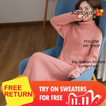 

adohon 2019 woman Winter 100% Cashmere sweaters and autumn knitted Dresses Pullovers High Quality Warm Knee-Length Turtleneck