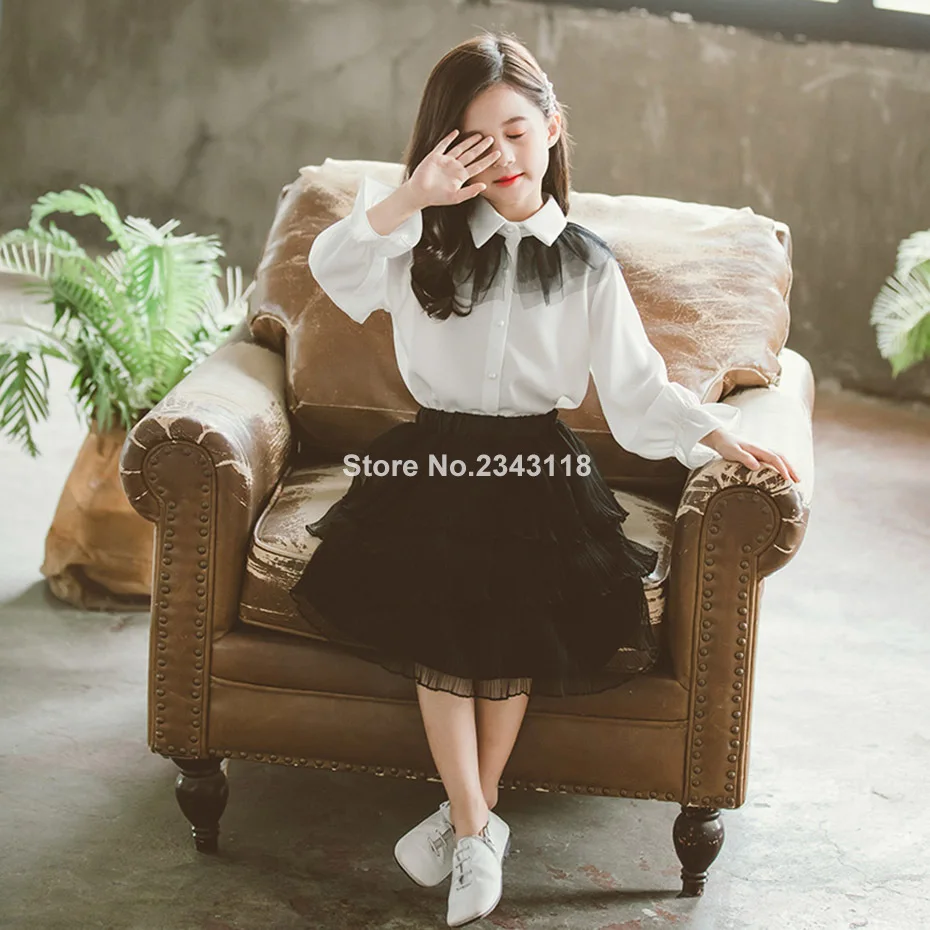 

Girls Clothes White Blouse + Mesh Skirt 2pcs Children's Costumes For Girls Full Length Clothes For Children 6 8 10 12 14 Year