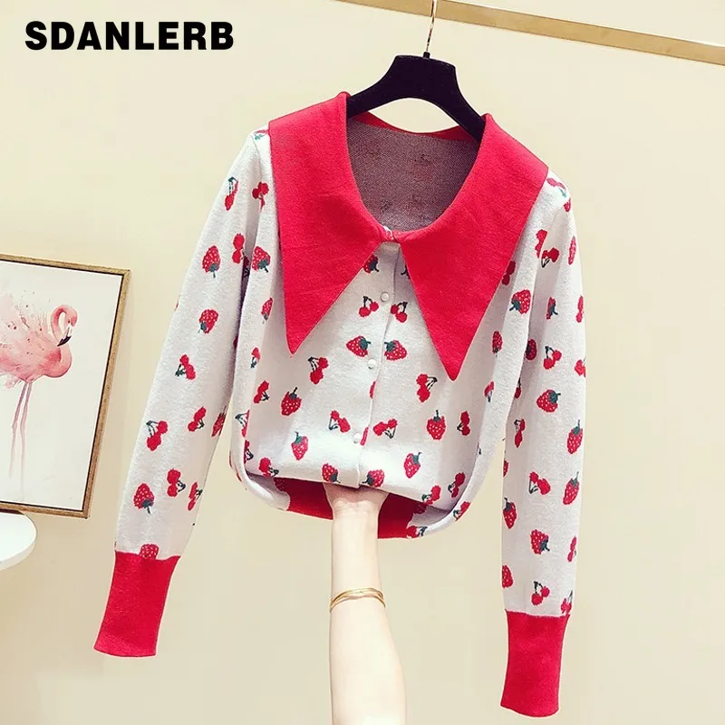 #Special Offers Fall and Winter 2019 Sweater Women New Korean Sweet Colour Doll Turn-lapel Strawberry Cherry Long Sleeve Knitted Cardigan Coat