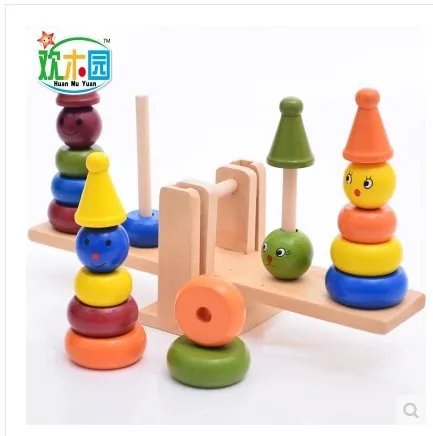 

Children Montessori Teaching Aids Wooden Rainbow Tower Large Particles Balance Toys Family Clown Balance Heap Take Building Bloc