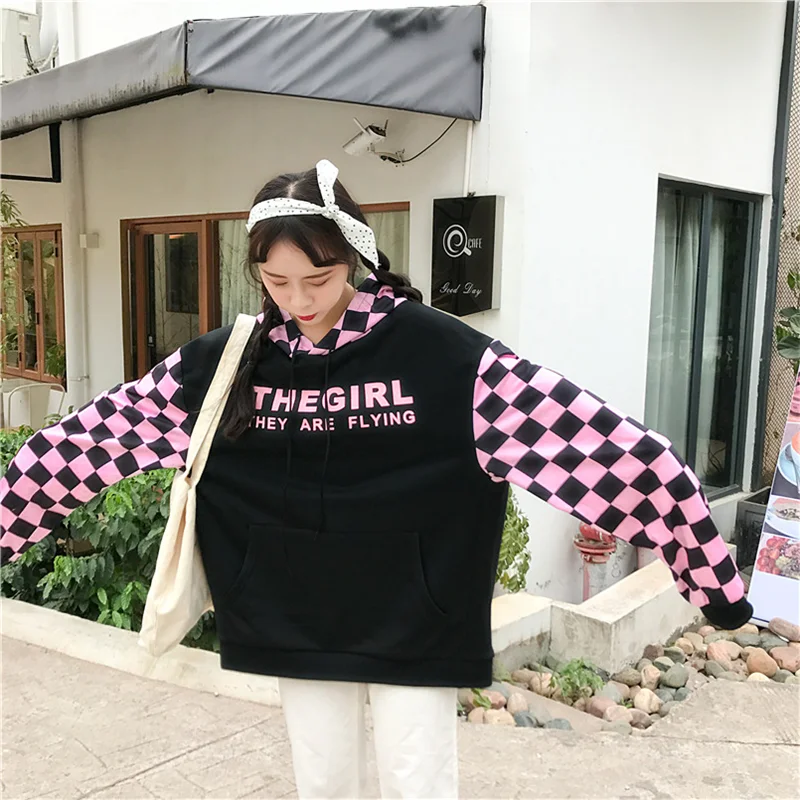 New Korean Harajuku BF hip-hop street loose cotton tops plaid stitching print pocket oversize hooded men and women sweatshirt