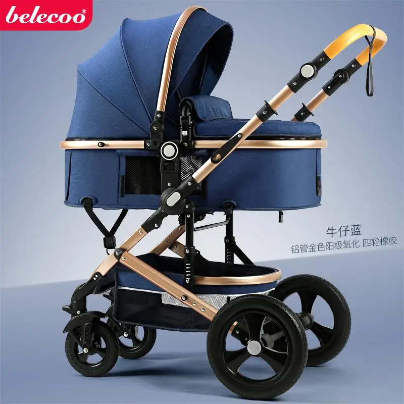 jean blue 4 Belecoo/детская коляска с высоким пейзажем, 2 в 1, коляска для новорожденных, складная, двусторонняя, ручная, 10 шт., подарки - Цвет: jean blue 4