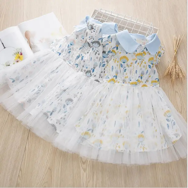 Летние сетчатые платья принцессы с принтом для девочек, милое детское платье, 6 шт./партия