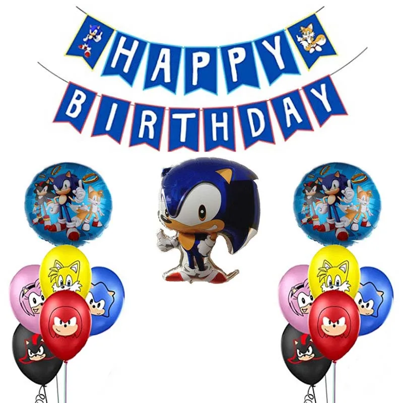 

1 Set Banner+Balloons Cartoon Sonic the Hedgehog Figure Birthday Party Decoration Latex Balloon Party Supplies Hat
