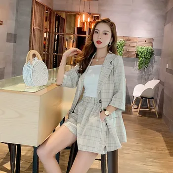 

Women Blazer Coat and Shorts 2 Piece Suit 2019 Summer Korean Single Breasted Plaid Set Temperament Loose Outfits