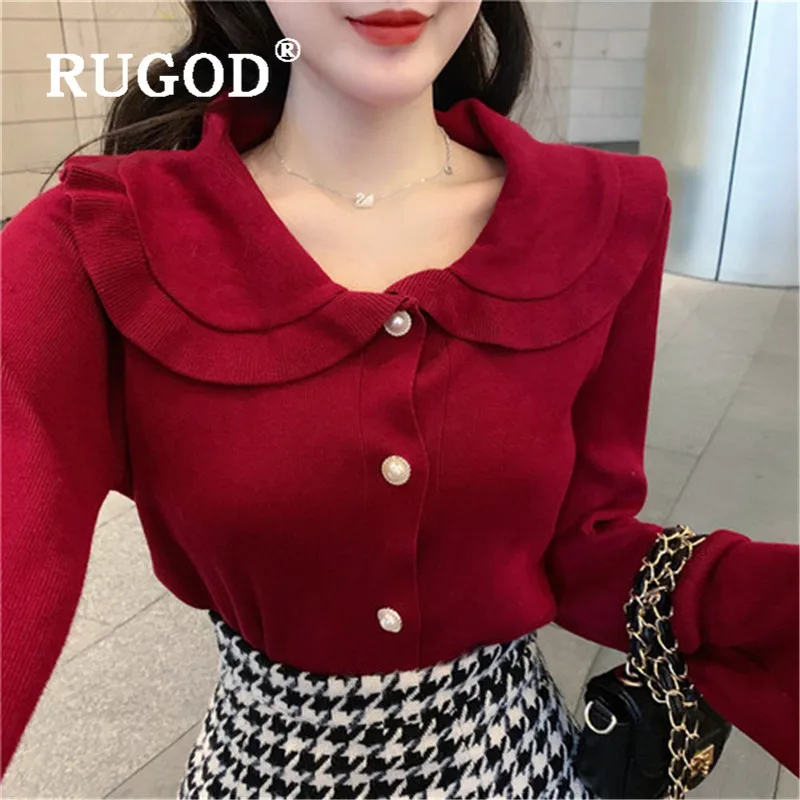 RUGOD Korean New Style Doll Collar Solid Color Knitted Cardigan Long-sleeve Womens Elegant Kawaii Sweaters 2019 |